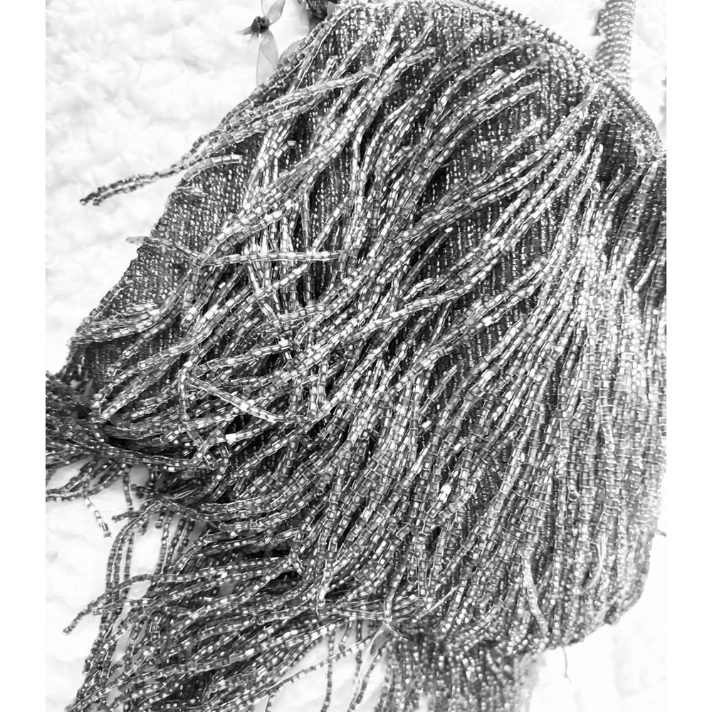 Bling Beaded Silver Fringe Hand Sewn Beading Evening Handbag, Top Zip NWT - Picture 6 of 10